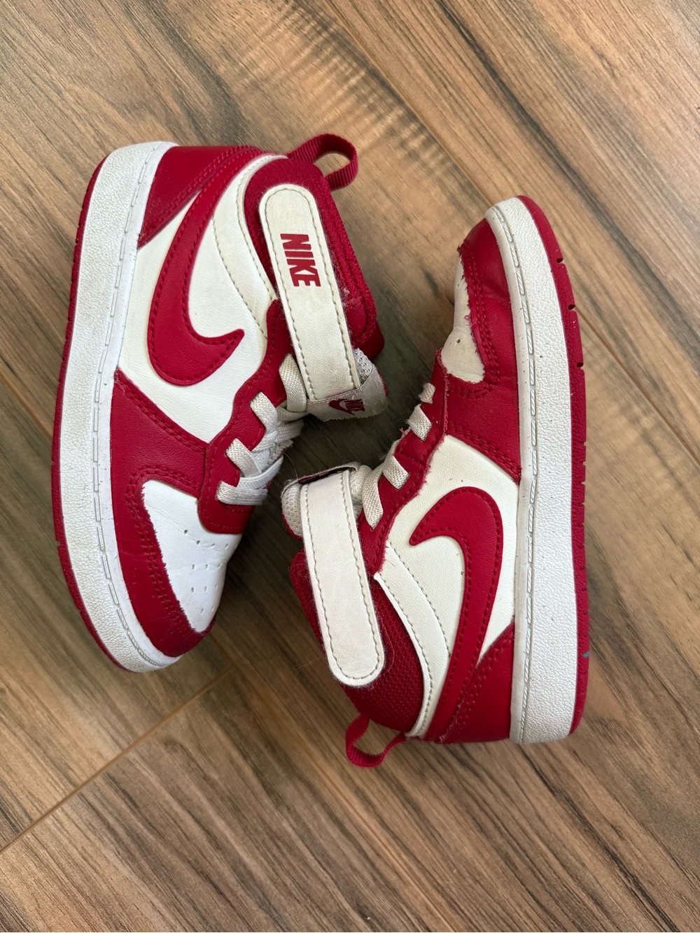 Nike Toddler Red and White Mid-Top Sneakers with Velcro Strap